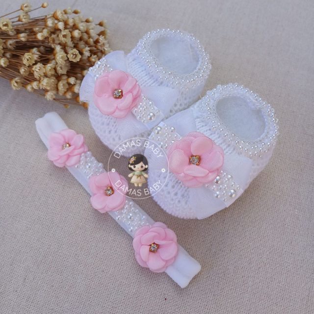 Flórida Laço Organza Pérola Margarida Strass - Branco c/ Rosa