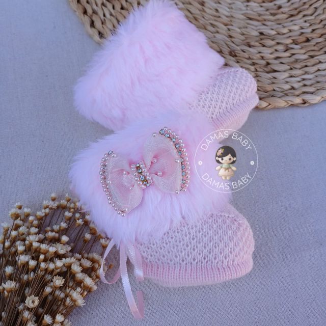 Botinha Pelúcia Laço Duplo Pérola Strass - Rosa
