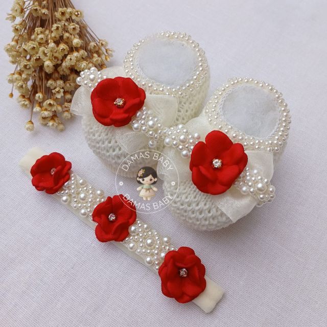 Flórida Laço Organza Pérola Margarida Strass - Marfim c/ Vermelho