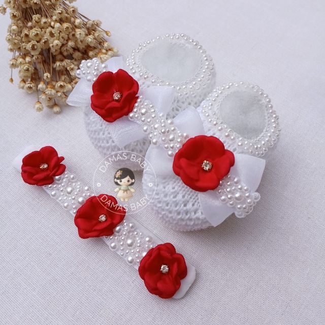 Flórida Laço Organza Pérola Margarida Strass - Branco c/ Vermelho